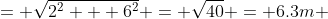 = \sqrt{2^2 + 6^2} = \sqrt{40} = 6.3m 
