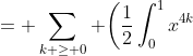 \begin{aligned}S & = \sum_{k \ge 0}\frac{1}{16k^2+16k+3} \\& = \sum_{k \ge 0}\frac{(4k+3)-(4k+1)}{2(4k+3)(4k+1)} \\& = \sum_{k \ge 0}\frac{(4k+3)-(4k+1)}{2(4k+3)(4k+1)} \\& = \sum_{k \ge 0} \bigg(\frac{1}{2(4k+1)} -\frac{1}{2(4k+3)}\bigg) \\&= \sum_{k \ge 0} \bigg(\frac{1}{2}\int_0^1x^{4k}~ dx -\frac{1}{2}\int_0^1 x^{4k+2} ~ dx \bigg) \\& = \int_0^1 \bigg(\frac{1}{2}\sum_{k \ge 0}x^{4k} -\frac{1}{2}\sum_{k \ge 0}x^{4k+2}\bigg)\;dx \\& = \int_0^1 \bigg(\frac{1}{2-2x^4} -\frac{x^2}{2x-2x^4}\bigg)~ dx = \int_0^1\frac{1-x^2}{2-2x^4}\;{dx} \end{aligned}