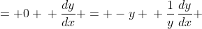\displaystyle \begin{align*} y + \frac{dy}{dx} &= 0 \\ \frac{dy}{dx} = -y \\ \frac{1}{y}\,\frac{dy}{dx} &= -1 \\ \int{\frac{1}{y}\,\frac{dy}{dx}\,dx} &= \int{-1\,dx} \\ \int{\frac{1}{y}\,dy} &= -x + C_1 \\ \ln{|y|} + C_2 &= -x + C_1 \\ \ln{|y|} &= -x + C_1 - C_2 \\ |y| &= e^{-x + C_1 - C_2} \\ |y| &= e^{C_1 - C_2}\,e^{-x} \\ y &= A\,e^{-x} \textrm{ where } A = \pm e^{C_1 - C_2} \end{align*}