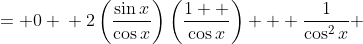 \displaystyle \begin{align*} 2\tan{x}\sec{x} + \sec^2{x} &= 0 \\ 2\left(\frac{\sin{x}}{\cos{x}}\right)\left(\frac{1  }{\cos{x}}\right) + \frac{1}{\cos^2{x}} &= 0 \\ \frac{2\sin{x}}{\cos^2{x}} + \frac{1}{\cos^2{x}} &= 0 \\ \frac{2\sin{x} + 1}{\cos^2{x}} &= 0 \\ 2\sin{x} + 1 &= 0 \\ 2\sin{x} &= -1 \\ \sin{x} &= -\frac{1}{2} \\ x &= \left\{ \pi + \frac{\pi}{6}, 2\pi - \frac{\pi}{6} \right\} + 2\pi n \textrm{ where }n \in \mathbf{Z} \\ x &= \left\{ -\frac{5\pi}{6}, -\frac{\pi}{6},  \frac{7\pi}{6}, \frac{11\pi}{6}\right\} \textrm{ in the interval } -\pi \leq x \leq 2\pi \end{align*}