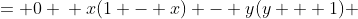 \displaystyle \begin{align*} \frac{x(1 - x) - y(y + 1)}{(1 - x)^2 + y^2} &= 0 \\ x(1 - x) - y(y + 1) &= 0 \textrm{ for all }(x, y) \neq (1, 0) \\ x - x^2 - y^2 - y &= 0 \\ x^2 - x + y^2 + y &= 0 \\ x^2 - x + \left( -\frac{1}{2} \right)^2 + y^2 + y + \left( \frac{1}{2} \right)^2 &= \left( -\frac{1}{2} \right)^2 + \left( \frac{1}{2} \right)^2 \\ \left( x - \frac{1}{2} \right)^2 + \left( y + \frac{1}{2} \right)^2 &= \left( \frac{\sqrt{2}}{2} \right)^2 \end{align*}