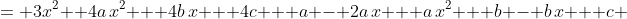 \displaystyle \begin{align*} 4g(x) + g(1 - x) &= 3x^2 \\ 4a\,x^2 + 4b\,x + 4c + a - 2a\,x + a\,x^2 + b - b\,x + c &= 3x^2 \\ 5a\,x^2 + (3b - 2a)x + a + b + 5c &= 3x^2 + 0x + 0 \end{align*}