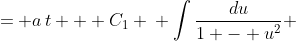 \displaystyle \begin{align*} \frac{2a}{\sqrt{e^2 - 4ac}}\int{\frac{du}{1 - u^2}} &= a\,t + C_1 \\ \int{\frac{du}{1 - u^2}} &= \frac{\sqrt{e^2 - 4ac}}{2a}\left(a\,t + C_1\right) \\ \int{\frac{du}{(1 - u)(1 + u)}} &= \frac{\sqrt{e^2 - 4ac}}{2a}\left(a\,t + C_1\right) \\ \frac{1}{2}\int{\frac{1}{1 - u} + \frac{1}{1 + u}\,du} &= \frac{\sqrt{e^2 - 4ac}}{2a}\left(a\,t + C_1\right) \\ \int{\frac{1}{1 - u} + \frac{1}{1 + u}\,du} &= \frac{\sqrt{e^2 - 4ac}}{a}\left(a\,t + C_1\right) \\ -\ln{|1 - u|} + \ln{|1 + u|} + C_2 &= \frac{\sqrt{e^2 - 4ac}}{a}\left(a\,t + C_1\right) \\ \ln{\left|\frac{1 + u}{1 - u}\right|} &= \sqrt{e^2 - 4ac}\,t + \frac{C_1\sqrt{e^2 - 4ac}}{a} - C_2 \\ \ln{\left|-\left(\frac{u + 1}{u - 1}\right)\right|} &= \sqrt{e^2 - 4ac}\,t + \frac{C_1\sqrt{e^2 - 4ac}}{a} - C_2 \\ \ln{\left|-\left(1 + \frac{2}{u - 1}\right)\right|} &= \sqrt{e^2 - 4ac}\,t + \frac{C_1\sqrt{e^2 - 4ac}}{a} - C_2 \end{align*}