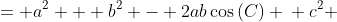 \displaystyle \begin{align*} c^2 &= a^2 + b^2 - 2ab\cos{(C)} \\ c^2 &= \left( \frac{1}{2} \right)^2 + \left( \frac{1}{2} \right)^2 - 2\left( \frac{1}{2} \right)\left( \frac{1}{2} \right) \cos{\left( 45^{\circ} \right)} \\ c^2 &= \frac{1}{4} + \frac{1}{4} - \frac{1}{2} \left( \frac{\sqrt{2}}{2} \right) \\ c^2 &= \frac{2 - \sqrt{2}}{4} \\ c &= \frac{\sqrt{ 2 - \sqrt{2} }}{2} \end{align*}