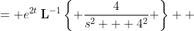 \displaystyle \begin{align*} \mathbf{L}^{-1}\left\{\frac{4}{(s-2)^2 + 16}\right\} &= e^{2t}\,\mathbf{L}^{-1}\left\{ \frac{4}{s^2 + 4^2} \right\} \\ &= e^{2t}\sin{\left(4t\right)} \end{align*} 