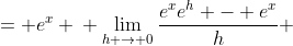\displaystyle \begin{align*} \lim_{h \to 0}\frac{e^{x + h} - e^x}{h} &= e^x \\ \lim_{h \to 0}\frac{e^xe^h - e^x}{h} &= e^x \\ \lim_{h \to 0}\frac{e^x(e^h - 1)}{h} &= e^x \\ e^x\lim_{h \to 0}\frac{e^h - 1}{h} &= e^x \\ \lim_{h \to 0}\frac{e^h - 1}{h} &= 1 \\ \lim_{h \to 0}(e^h - 1) &= \lim_{h \to 0}h \\ \lim_{h \to 0}e^h &= \lim_{h \to 0}(1 + h) \\ \lim_{h \to 0}(e^h)^{\frac{1}{h}} &= \lim_{h \to 0}(1 + h)^{\frac{1}{h}} \\ \lim_{h \to 0}(e) &= \lim_{h \to 0}(1 + h)^{\frac{1}{h}} \\ e &= \lim_{h \to 0}(1 + h)^{\frac{1}{h}} \end{align*}