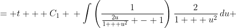 \displaystyle \begin{align*} \int{\frac{1}{\sin{(v)} - 1}\,dv} &= t + C_1 \\ \int{\left(\frac{1}{\frac{2u}{1 + u^2} - 1}\right)\frac{2}{1 + u^2}\,du} &= t + C_1 \\ \int{\left(\frac{1}{\frac{2u - 1 - u^2}{1 + u^2}}\right)\frac{2}{1 + u^2}\,du} &= t + C_1 \\ \int{\left(\frac{1 + u^2}{2u - 1 - u^2}\right)\frac{2}{1 + u^2}\,du} &= t + C_1 \\ \int{\frac{2}{2u - 1 - u^2}\,du} &= t + C_1 \\ -2\int{\frac{1}{u^2 - 2u + 1}\,du} &= t + C_1 \\ -2\int{\frac{1}{(u-1)^2}\,du} &= t + C_1 \\ -2\int{(u - 1)^{-2}\,du} &= t + C_1 \\ -2\left[\frac{(u - 1)^{-1}}{-1}\right] + C_2 &= t + C_1 \\ -2\left(\frac{1}{1-u}\right) &= t + C\textrm{ where }C = C_1 - C_2 \\ \frac{2}{ \tan{\left(\frac{v}{2}\right)} - 1} &= t + C \\ \frac{\tan{\left(\frac{v}{2}\right)}-1}{2} &= \frac{1}{t + C} \\ \tan{\left(\frac{y-t}{2}\right)} - 1 &= \frac{2}{t + C}\end{align*}