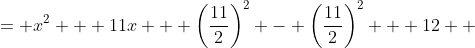 \displaystyle \begin{align*} x^2 + 11x + 12 &= x^2 + 11x + \left(\frac{11}{2}\right)^2 - \left(\frac{11}{2}\right)^2 + 12 \\ &= \left(x + \frac{11}{2}\right)^2 - \frac{121}{4} + \frac{48}{4} \\ &= \left(x + \frac{11}{2}\right)^2 - \frac{73}{4} \\ &= \left(x + \frac{11}{2}\right)^2 - \left(\frac{\sqrt{73}}{2}\right)^2 \\ &= \left(x + \frac{11}{2} - \frac{\sqrt{73}}{2}\right)\left(x + \frac{11}{2} + \frac{\sqrt{73}}{2}\right) \end{align*}