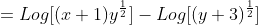 =Log[(x+1)y^{\frac{1}{2}}]-Log[(y+3)^\frac{1}{2}]