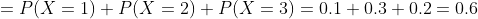 =P(X=1)+P(X=2)+P(X=3)=0.1+0.3+0.2=0.6
