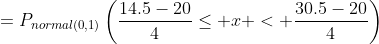 =P_{normal(0,1)}\left(\frac{14.5-20}{4}\le x < \frac{30.5-20}{4}\right)