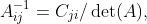 A^{-1}_{ij}=C_{ji}/\det(A),