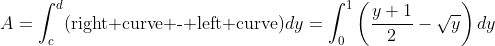 A=\int_c^d(\mbox{right curve - left curve})dy=\int_0^1\left(\frac{y+1}{2}-\sqrt{y}\right)dy