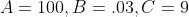 A=100,B=.03,C=9