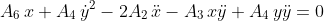 A_{6}\,x+A_{4}\,\dot{y}^{2}-2A_{2}\,\ddot{x}-A_{3}\,x\ddot{y}+A_{4}\,y\ddot{y}=0