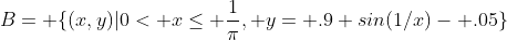 B= \{(x,y)|0< x\le \frac{1}{\pi}, y= .9 sin(1/x)- .05\}