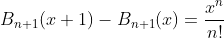 B_{n+1}(x+1)-B_{n+1}(x)=\frac{x^{n}}{n!}