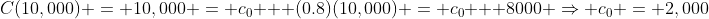 C(10,000) = 10,000 = c_0 + (0.8)(10,000) = c_0 + 8000 \Rightarrow c_0 = 2,000
