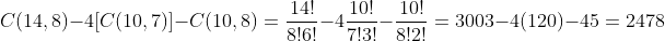 C(14,8)-4[C(10,7)]-C(10,8)=\frac{14!}{8!6!}-4\frac{10!}{7!3!}-\frac{10!}{8!2!}=3003-4(120)-45=2478