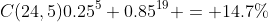 C(24,5)0.25^5 0.85^{19} = 14.7\%