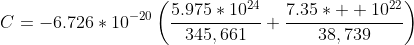 C=-6.726*10^{-20}\left(\frac{5.975*10^{24}}{345,661}+\frac{7.35*  10^{22}}{38,739}\right)