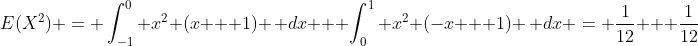 E(X^2) = \int_{-1}^0 x^2 (x + 1) \, dx + \int_{0}^1 x^2 (-x + 1) \, dx = \frac{1}{12} + \frac{1}{12}