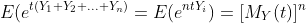 E(e^{t(Y_1+Y_2+...+Y_n)}=E(e^{ntY_i})=[M_Y(t)]^n