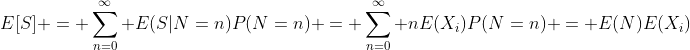 E[S] = \sum_{n=0}^{\infty} E(S|N=n)P(N=n) = \sum_{n=0}^{\infty} nE(X_i)P(N=n) = E(N)E(X_i)