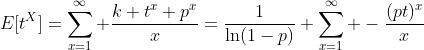E[t^X]=\sum_{x=1}^\infty \frac{k t^x p^x}{x}=\frac{1}{\ln(1-p)} \sum_{x=1}^\infty -\frac{(pt)^x}{x}