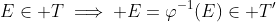 E\in T\implies E=\varphi^{-1}(E)\in T'