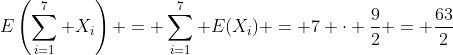 E\left(\sum_{i=1}^{7} X_i\right) = \sum_{i=1}^{7} E(X_i) = 7 \cdot \frac{9}{2} = \frac{63}{2}
