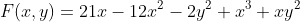 F(x,y)=21x-12x^2-2y^2+x^3+xy^2