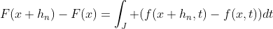 F(x+h_n)-F(x)=\int_J (f(x+h_n,t)-f(x,t))dt