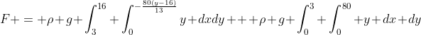 F = \rho g \int_3^{16} \int_0^{-\frac{80(y-16)}{13}}y dxdy + \rho g \int_0^3 \int_0^{80} y dx dy