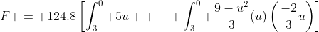 F = 124.8\left[\int_3^0 5u  - \int_3^0 \frac{9-u^2}{3}(u)\left(\frac{-2}{3}u\right)\right]