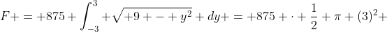 F = 875 \int_{-3}^3 \sqrt{ 9 - y^2} dy = 875 \displaystyle{\cdot} \frac{1}{2} \pi (3)^2 
