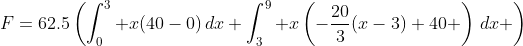 F=62.5\left(\int_0^3 x(40-0)\,dx+\int_3^9 x\left(-\frac{20}{3}(x-3)+40 \right)\,dx \right)