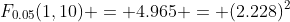 F_{0.05}(1,10) = 4.965 = (2.228)^2