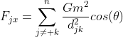 F_{jx}=\sum_{j\neq k}^{n}\frac{Gm^2}{d_{jk}^2}cos(\theta)