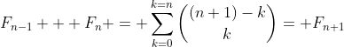 F_{n-1} + F_n = \sum_{k=0}^{k=n}\binom{(n+1)-k}{k}= F_{n+1}