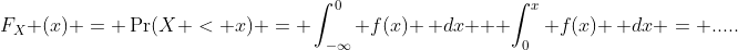 F_X (x) = \Pr(X < x) = \int_{-\infty}^{0} f(x) \, dx + \int_{0}^{x} f(x) \, dx = .....