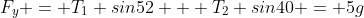 F_y = T_1 sin52 + T_2 sin40 = 5g