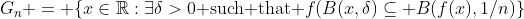 G_n = \{x\in\mathbb{R}:\exists\delta>0\text{ such that }f(B(x,\delta)\subseteq B(f(x),1/n)\}