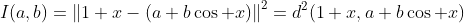 I(a,b)=\left\|{1+x-(a+b\cos x)}\right\|^2=d^2(1+x,a+b\cos x)