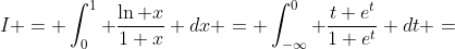 I = \int_0^1 \frac{\ln x}{1+x} dx = \int_{-\infty}^0 \frac{t e^t}{1+e^t} dt =