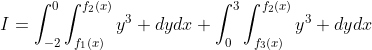 I=\int_{-2}^{0}\int_{f_1(x)}^{f_2(x)}y^3 dydx+\int_{0}^{3}\int_{f_3(x)}^{f_2(x)}y^3 dydx