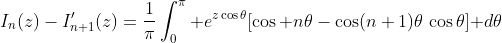 I_n(z)-I'_{n+1}(z)=\frac1\pi\int_0^\pi e^{z\cos\theta}[\cos n\theta-\cos(n+1)\theta\,\cos\theta]\mathrm d\theta