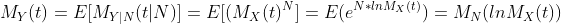 M_Y(t)=E[M_{Y|N}(t|N)]=E[(M_X(t)^N]=E(e^{N*lnM_X(t)})=M_N(lnM_X(t))