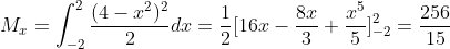 M_x=\int^2_{-2}\frac{(4-x^2)^2}{2}dx=\frac{1}{2}[16x-\frac{8x}{3}+\frac{x^5}{5}]^2_{-2}=\frac{256}{15}