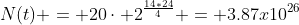 N(t) = 20\cdot 2^{\frac{14*24}{4}} = 3.87x10^{26}